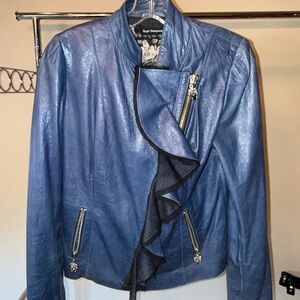 Blue Leather Jacket with Ruffle Accent